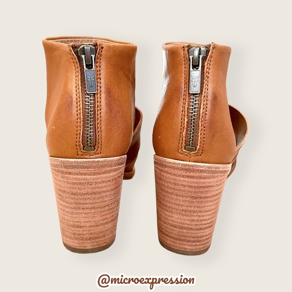$338 Frye Tash Cognac Real Leather Cut Out Strappy Wood PeepToe Ankle Booties - Picture 10 of 13